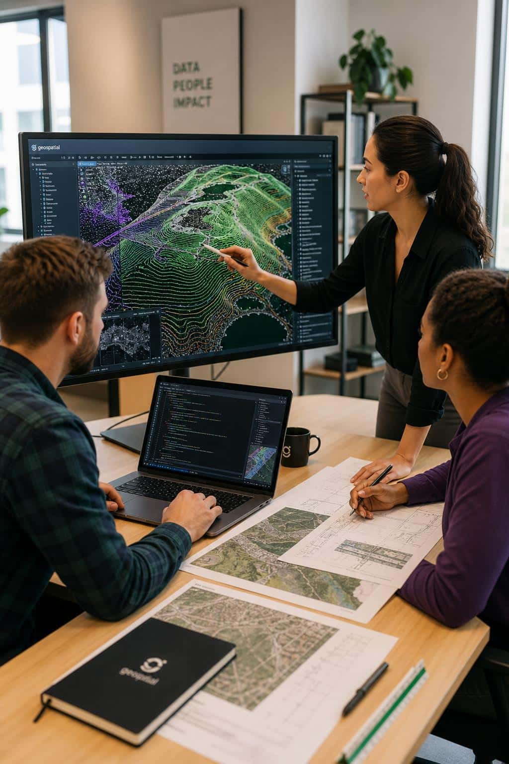 Geospatial engineering team collaborating on GIS software and data preparation in a modern workspace