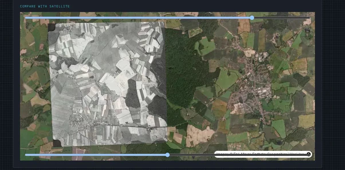 The verification slider, wiping between the placed historical photograph and present-day satellite imagery so field boundaries and roads can be checked against each other.