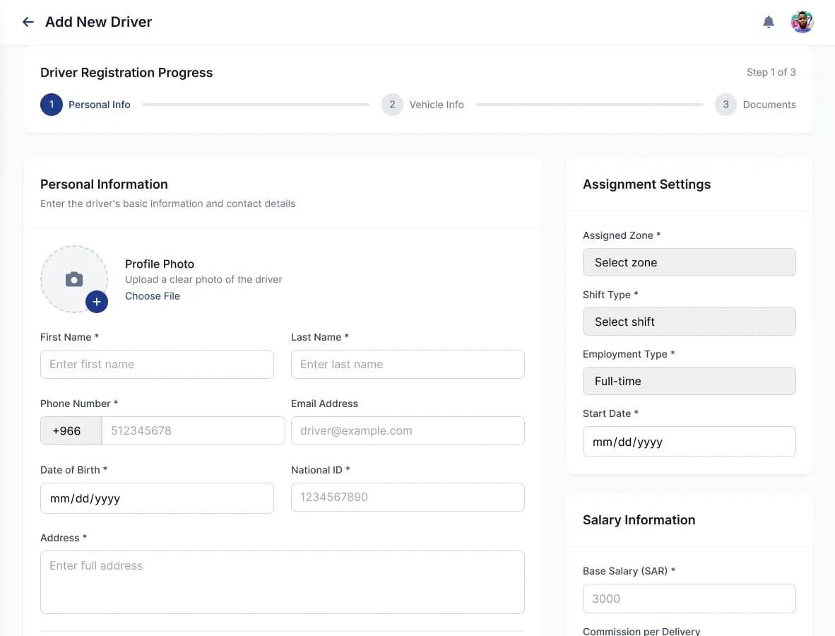 Delivery company portal: the three-step driver registration wizard, starting with personal information and assignment settings.