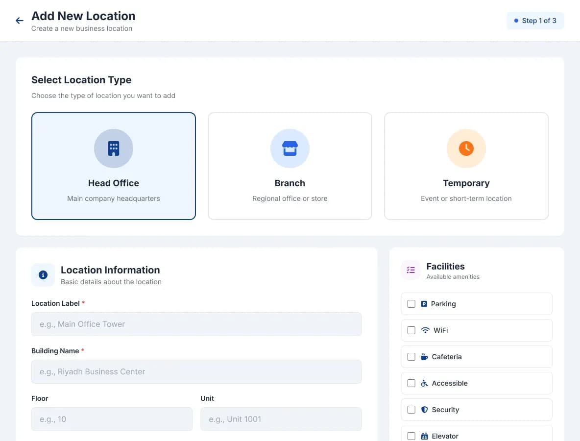 Business portal: adding a new location, choosing head office, branch or temporary, with location details and building facilities.