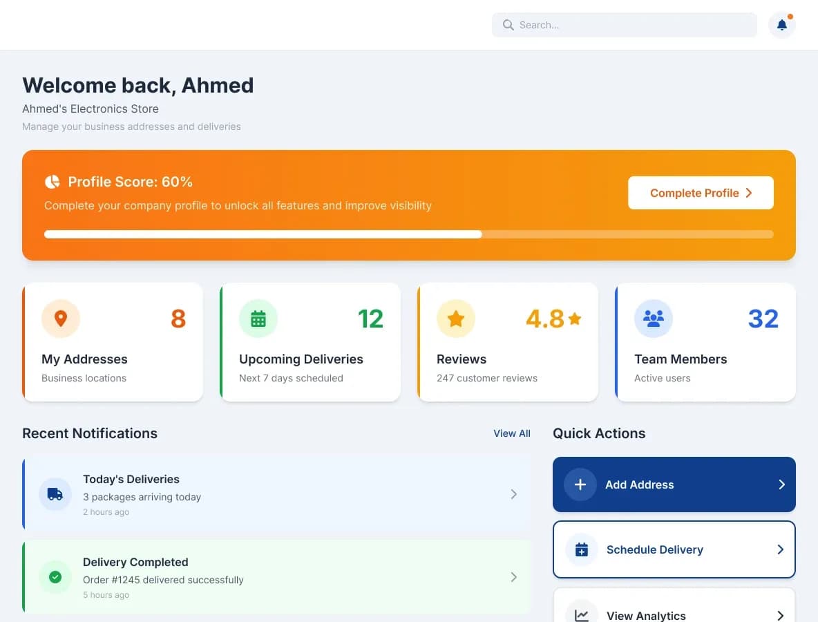 Business portal home: profile completion, counts of addresses, upcoming deliveries, reviews and team members, with recent notifications and quick actions.