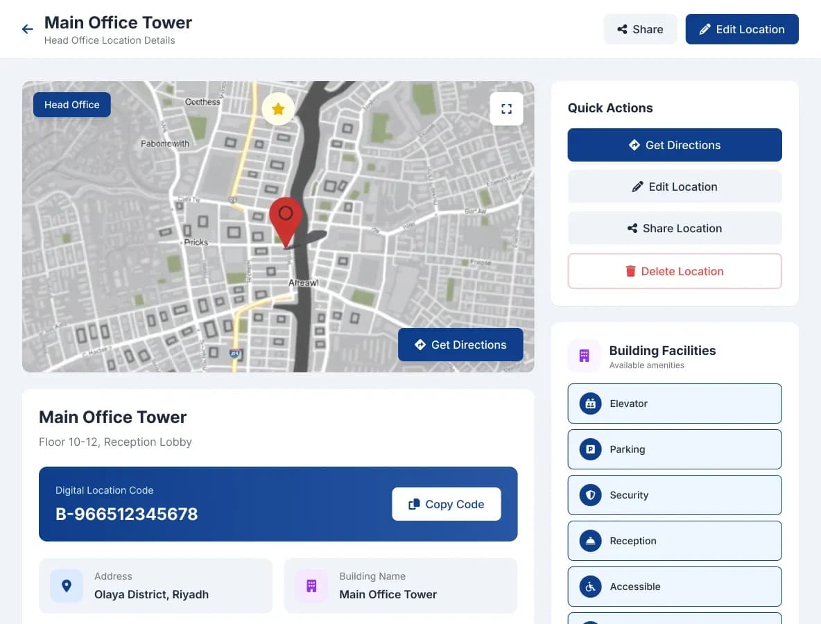 Business portal: a head office location with its map pin, digital location code, address and building facilities, plus actions to get directions, edit or share the location.