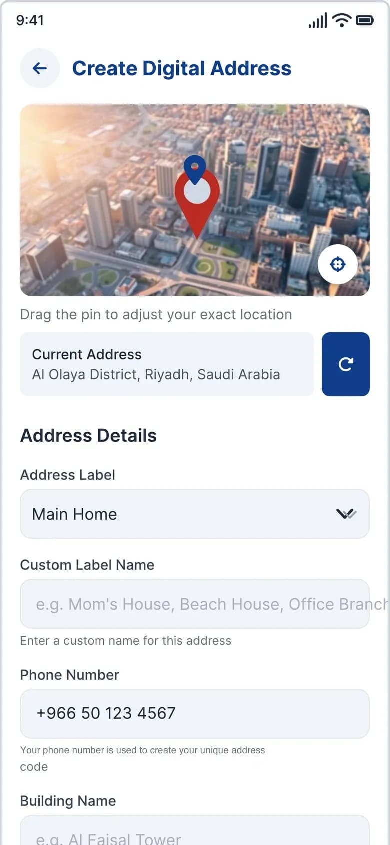 Consumer app: creating a digital address by dragging a pin on a 3D city view, then adding a label, phone number and building details.
