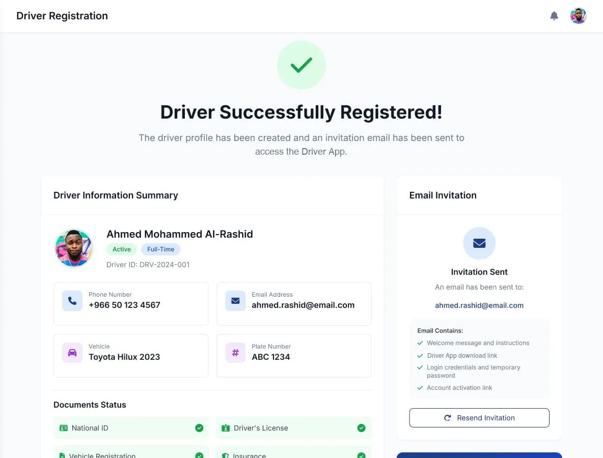 Delivery company portal: driver registration complete, with a summary, document verification status and the invitation email sent to the driver.