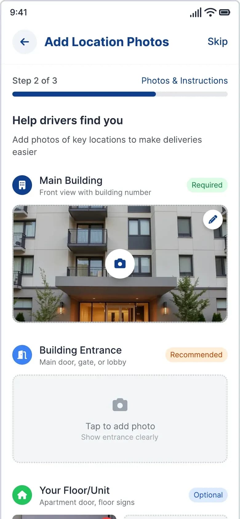 Consumer app: adding photos of the main building and entrance to an address so drivers can find the door.