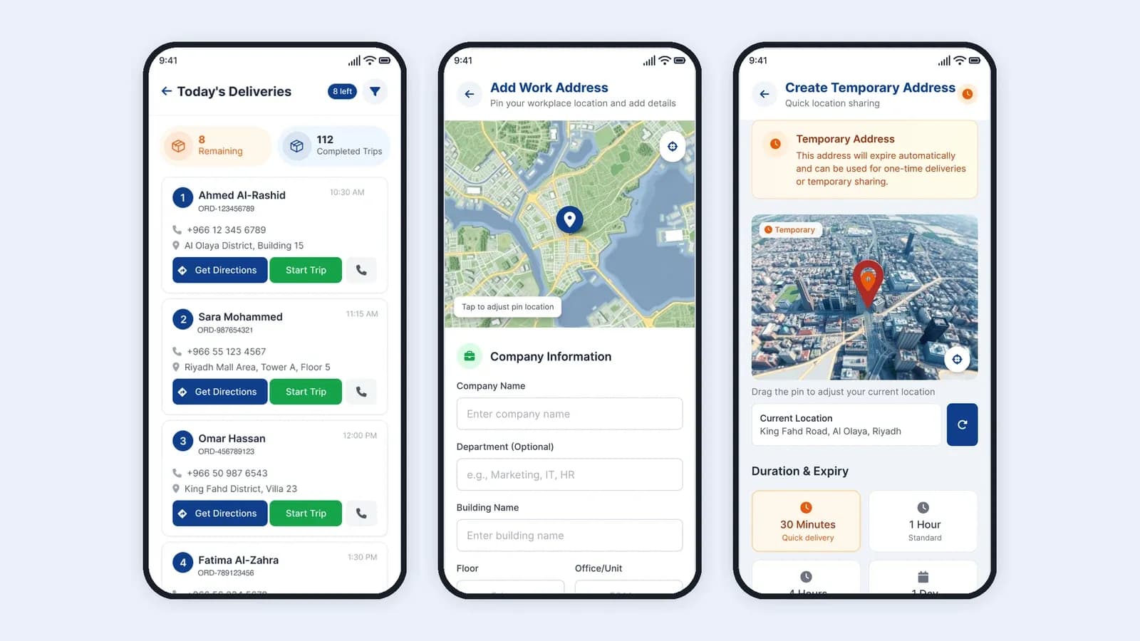 Three phone screens: a driver's list of today's deliveries with directions and call buttons, adding a work address by pinning it on a map, and creating a temporary address with an expiry.