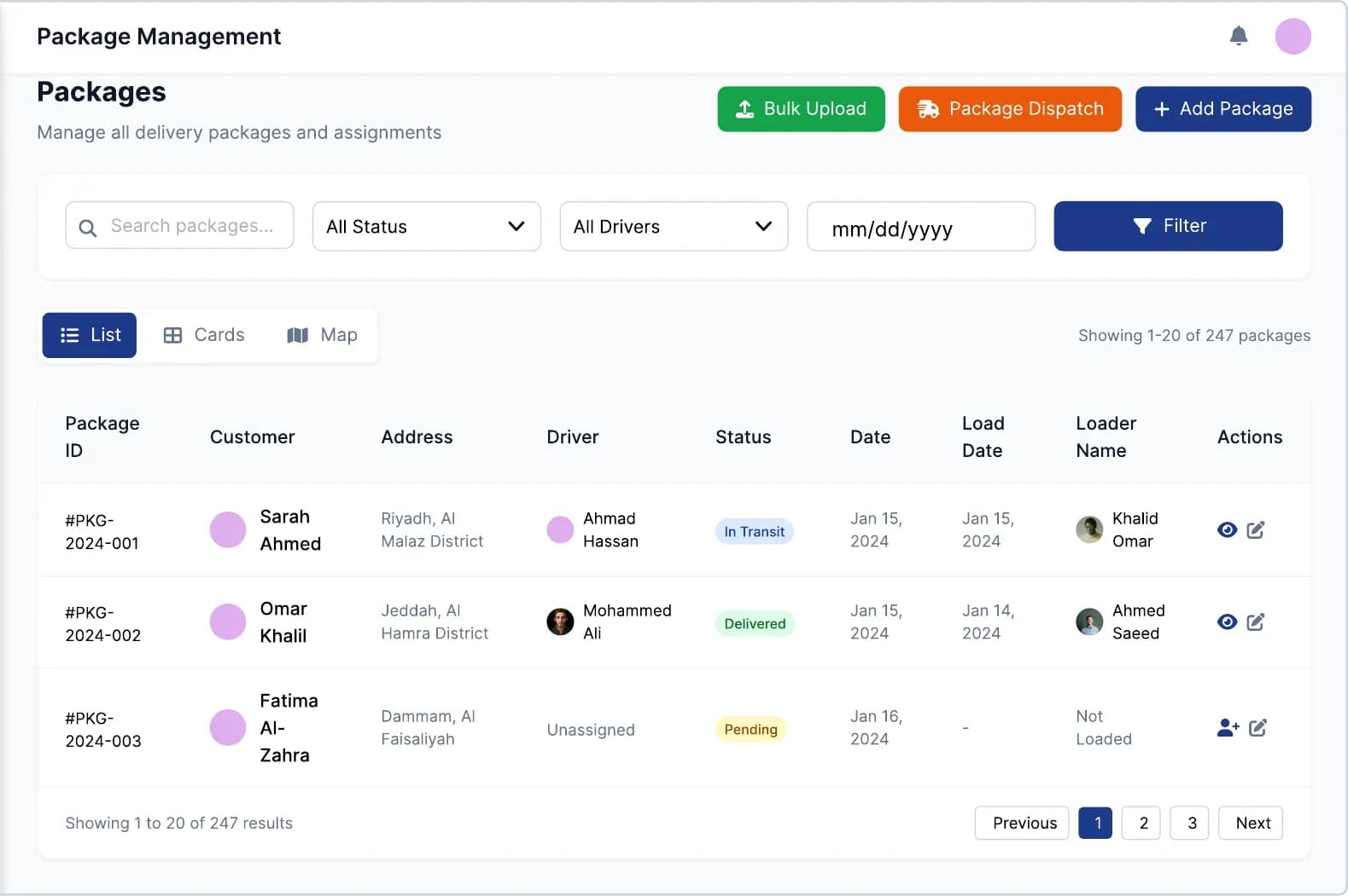 Delivery company portal: the package list with customer, address, assigned driver, status and load date, plus bulk upload and dispatch actions.