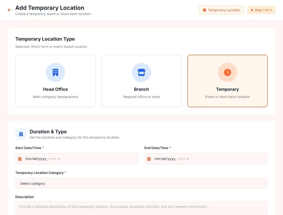 Business portal: adding a temporary location with start and end dates for an event or short-term site.