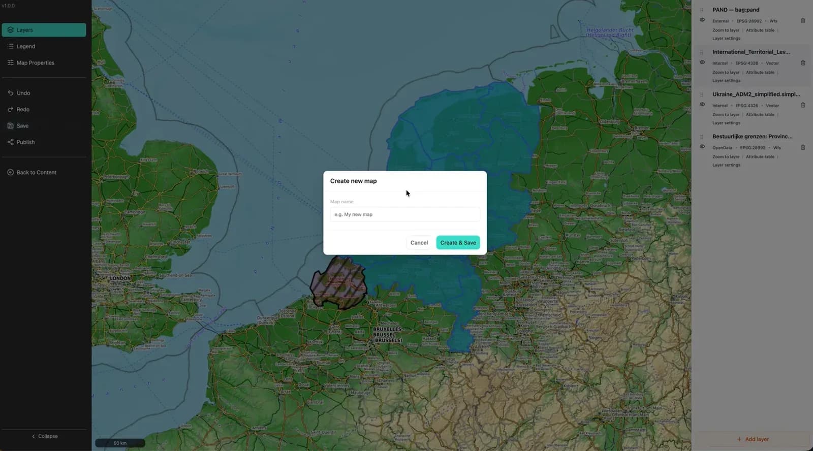 The platform's map editor with the Create new map dialog open over a basemap of the Netherlands and Belgium, and a layer rail listing WFS and vector layers with their EPSG codes.