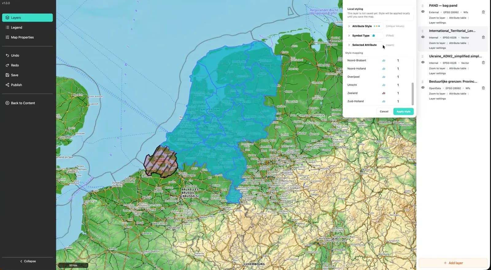 Layer styling panel set to unique-value symbology on the naam attribute, mapping a fill colour to each Dutch province before the style is applied.