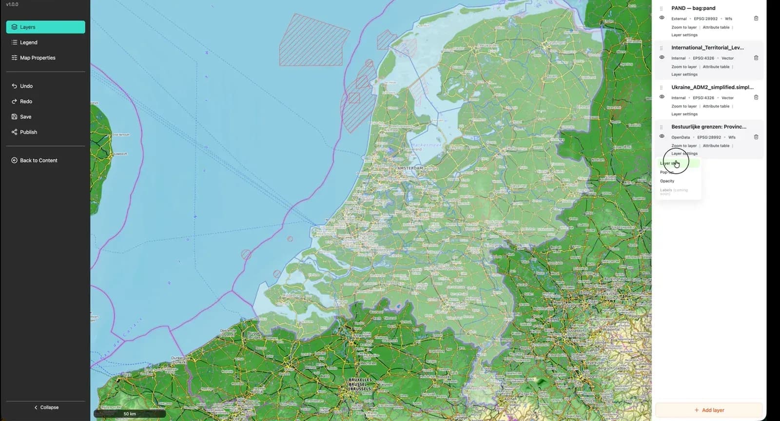 Per-layer settings menu offering layer style, pop-up and opacity controls, open beside a rendered map of the Netherlands.