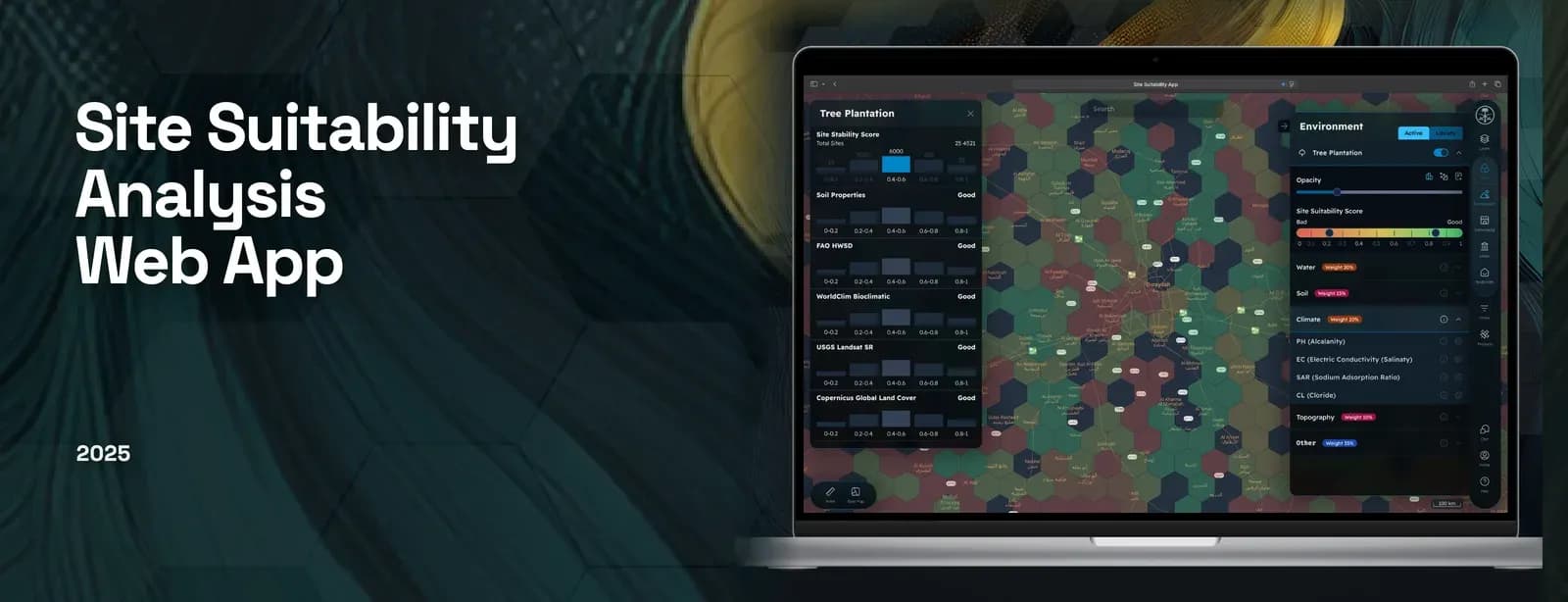 Banner for the Site Suitability Analysis web app: the title over the project's teal and gold artwork, beside a laptop showing the hexagon-binned suitability map with its scoring and environment-weighting panels.