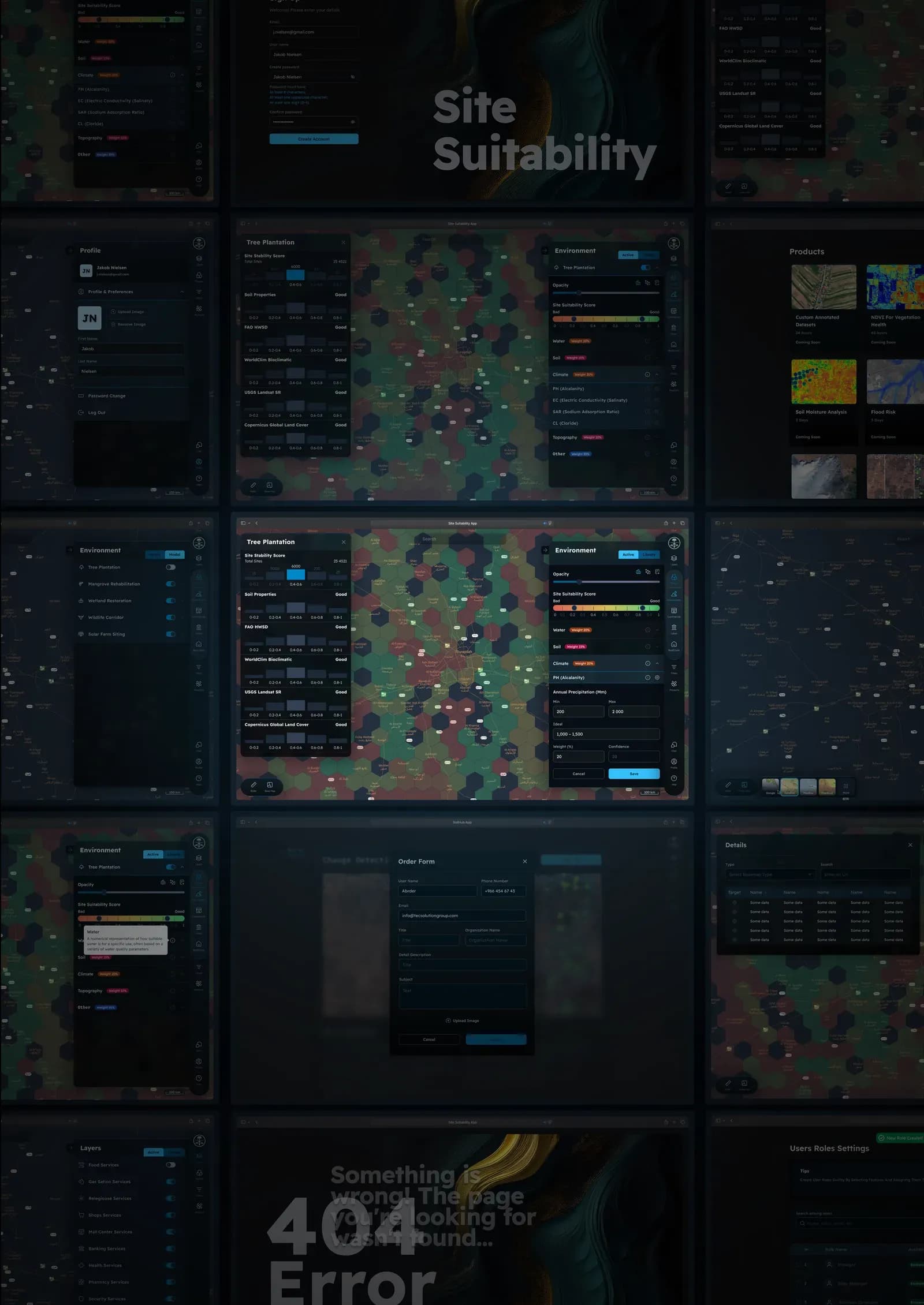 A montage of the platform's other screens - account sign-up, user profile, layer toggles, the products catalogue, an order form and the error page.