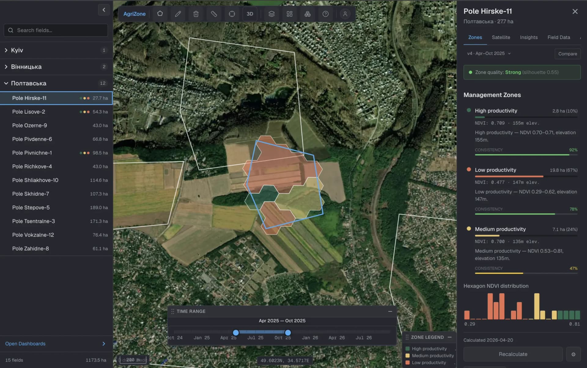 AgriZone map: productivity management zones on a field from Sentinel-2 imagery, with zone quality and NDVI per zone