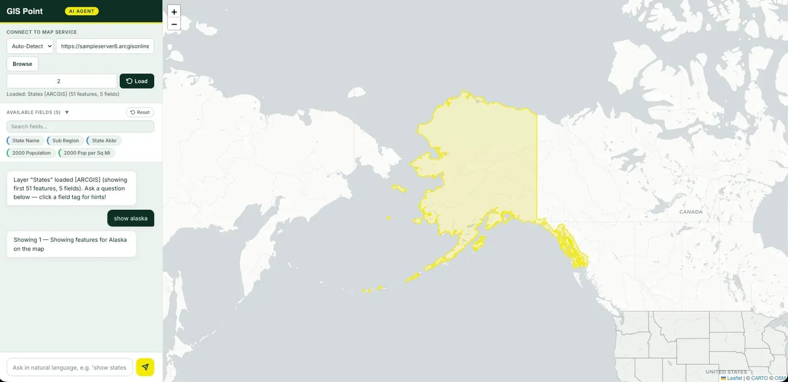 The GIS Point AI agent answering the plain-English request show alaska against a connected ArcGIS states layer, with Alaska highlighted on the map.