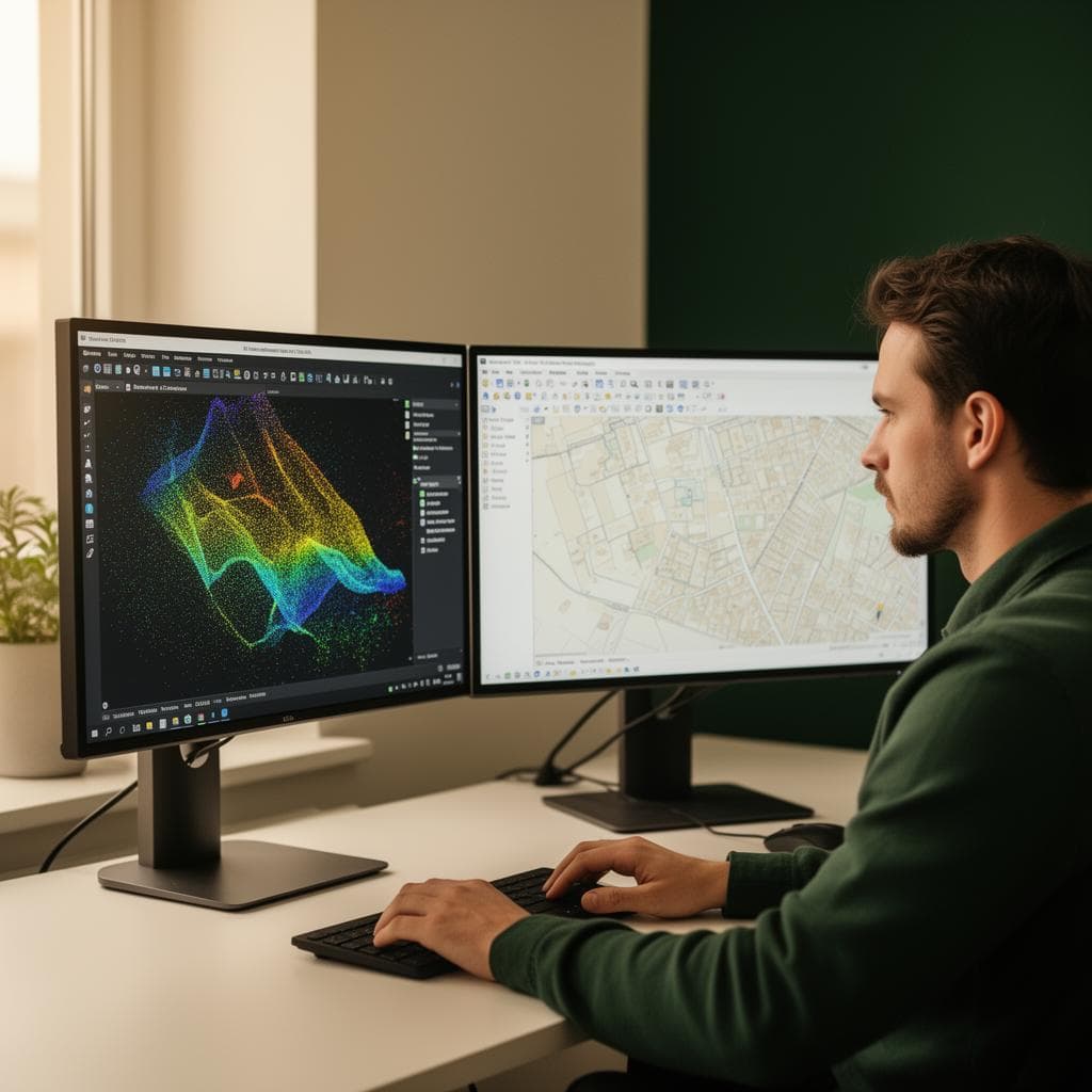 GIS engineer validating a classified LiDAR point cloud alongside a cadastral map in QGIS