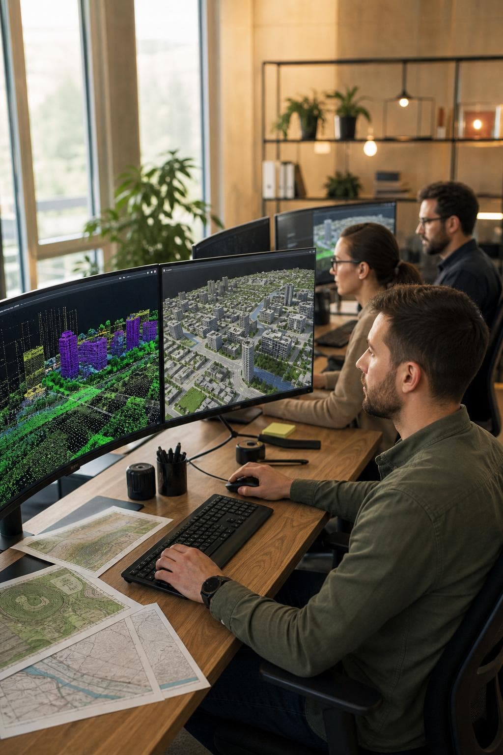 Geospatial engineering team processing large-scale LiDAR point clouds and 3D smart city data