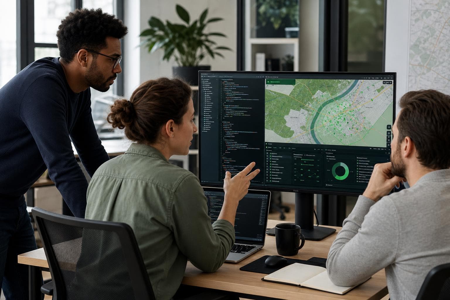 Two software engineers collaborating on a Web GIS dashboard with map and code editor