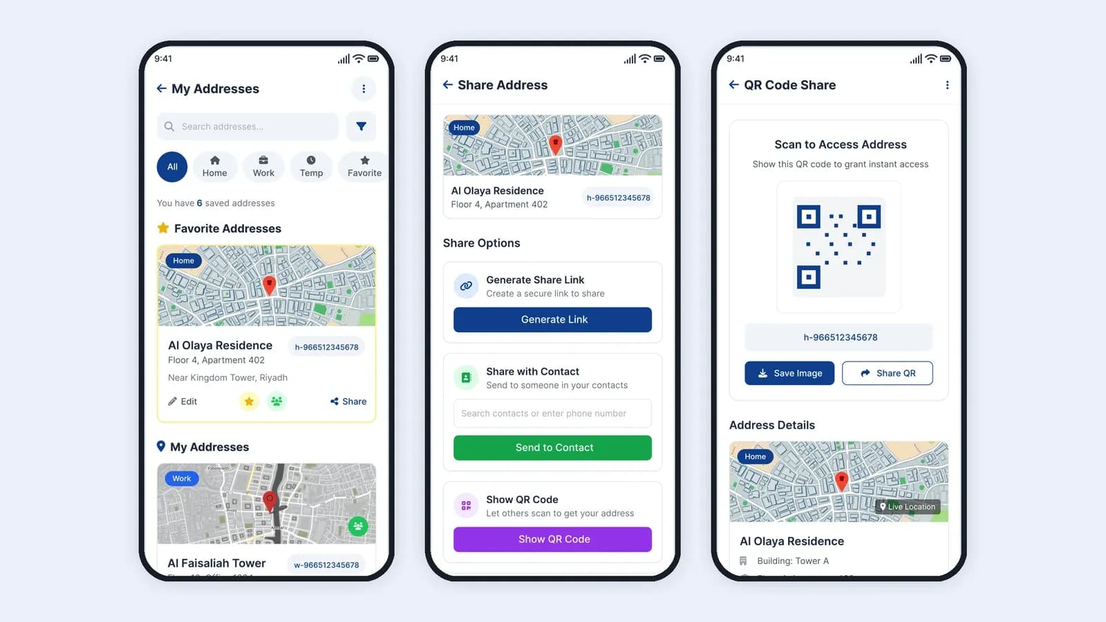Three phone screens from the consumer app: a list of saved addresses with map previews, the share options for one address, and the QR code a courier scans to open it.