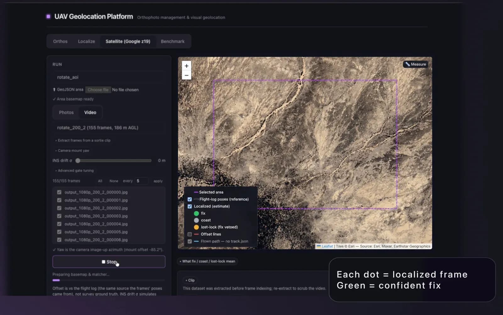 The UAV Geolocation Platform mid-run: the Satellite basemap tab open over a 155-frame sortie, with the selected area outlined on satellite imagery and a legend distinguishing confident fixes, coasting and vetoed lost-lock frames.