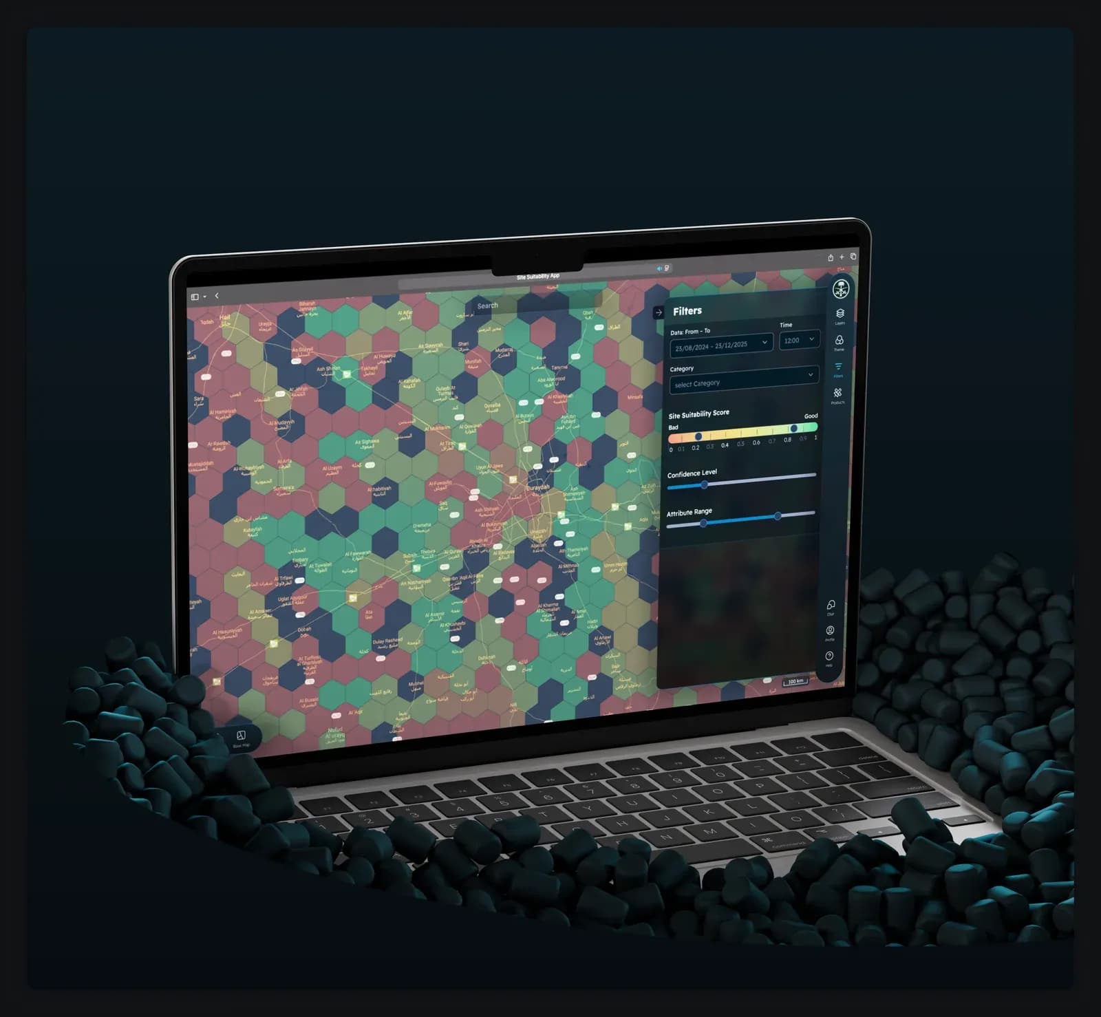 The filters panel over the hexagon suitability map, combining a date range, category, site suitability score band, confidence level and attribute range.